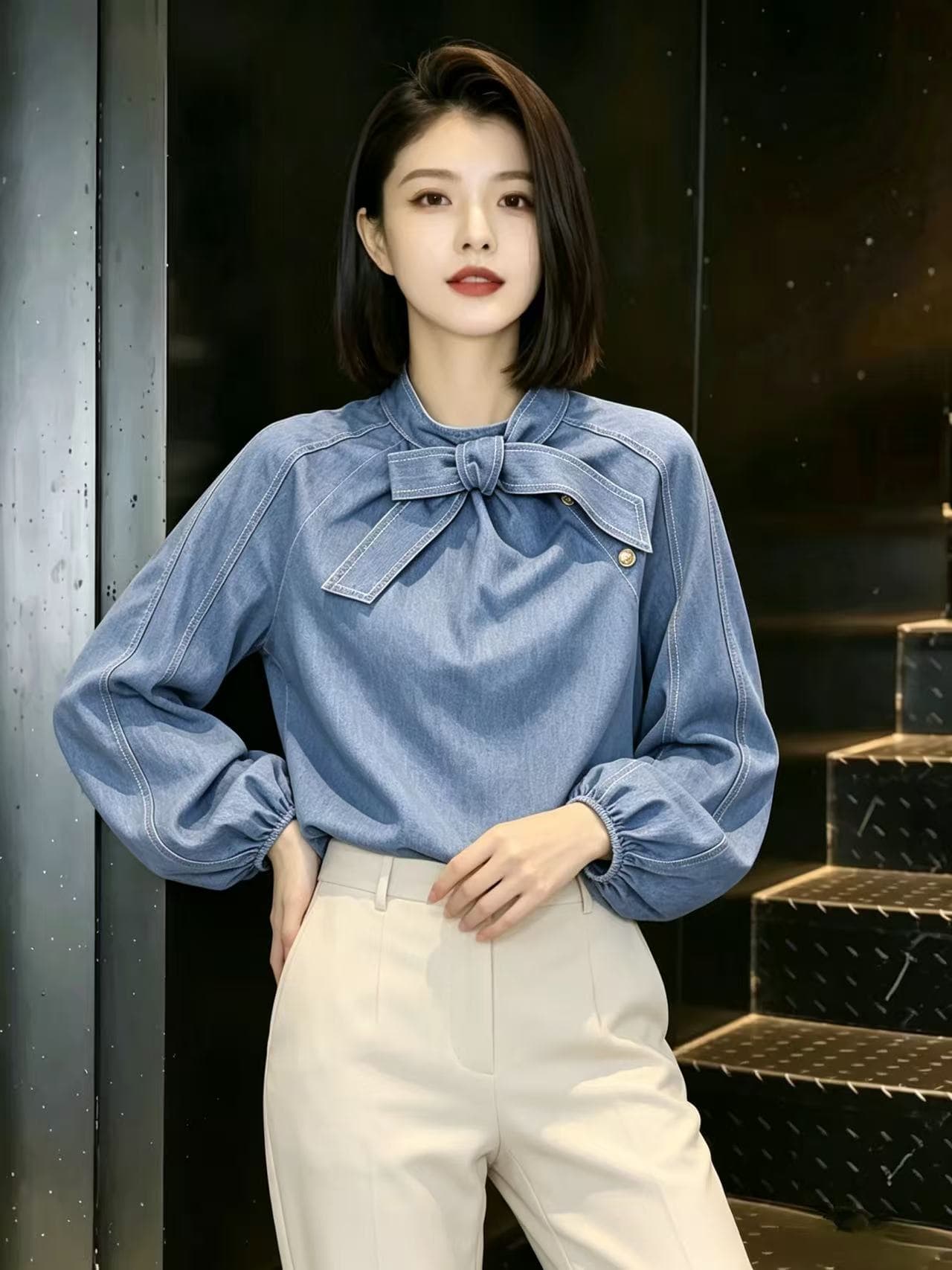 디자인 센스 작은 대중 벌룬 소매 여성 셔츠 가을 의상 새로운 프랑스식 레트로 긴팔 셔츠 나비 매듭 맨위 이미지 3