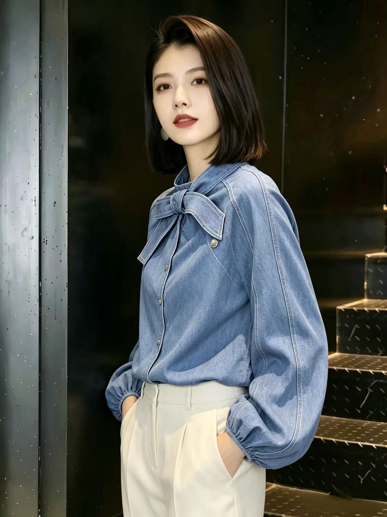 디자인 센스 작은 대중 벌룬 소매 여성 셔츠 가을 의상 새로운 프랑스식 레트로 긴팔 셔츠 나비 매듭 맨위 이미지 2