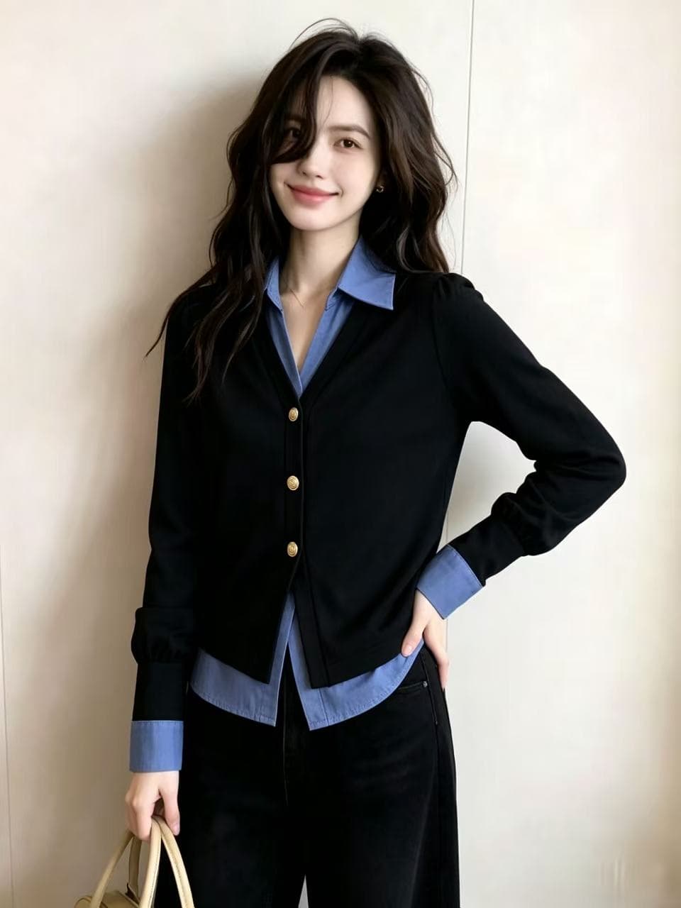 페이크 레이어드 그레이트 과소 평가 럭셔리 여성 셔츠 가을 새로운 긴팔 고급 센스 패션 외국 가스 연령 감소 맨위 상세 이미지 1