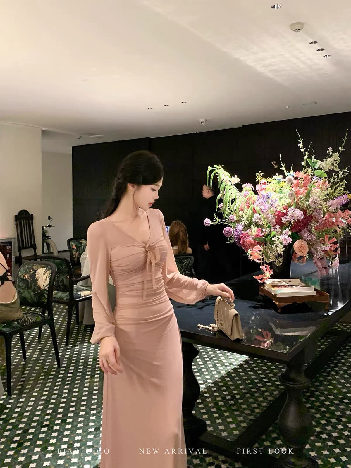 eia 하나 야오 복숭아 비밀 상황 프랑스식 부드러운 바람 롱 스커트 허리 수축 핀치 Pleat 슬림해 보이는 몸매 가꾸기 긴팔 드레스 이미지 2