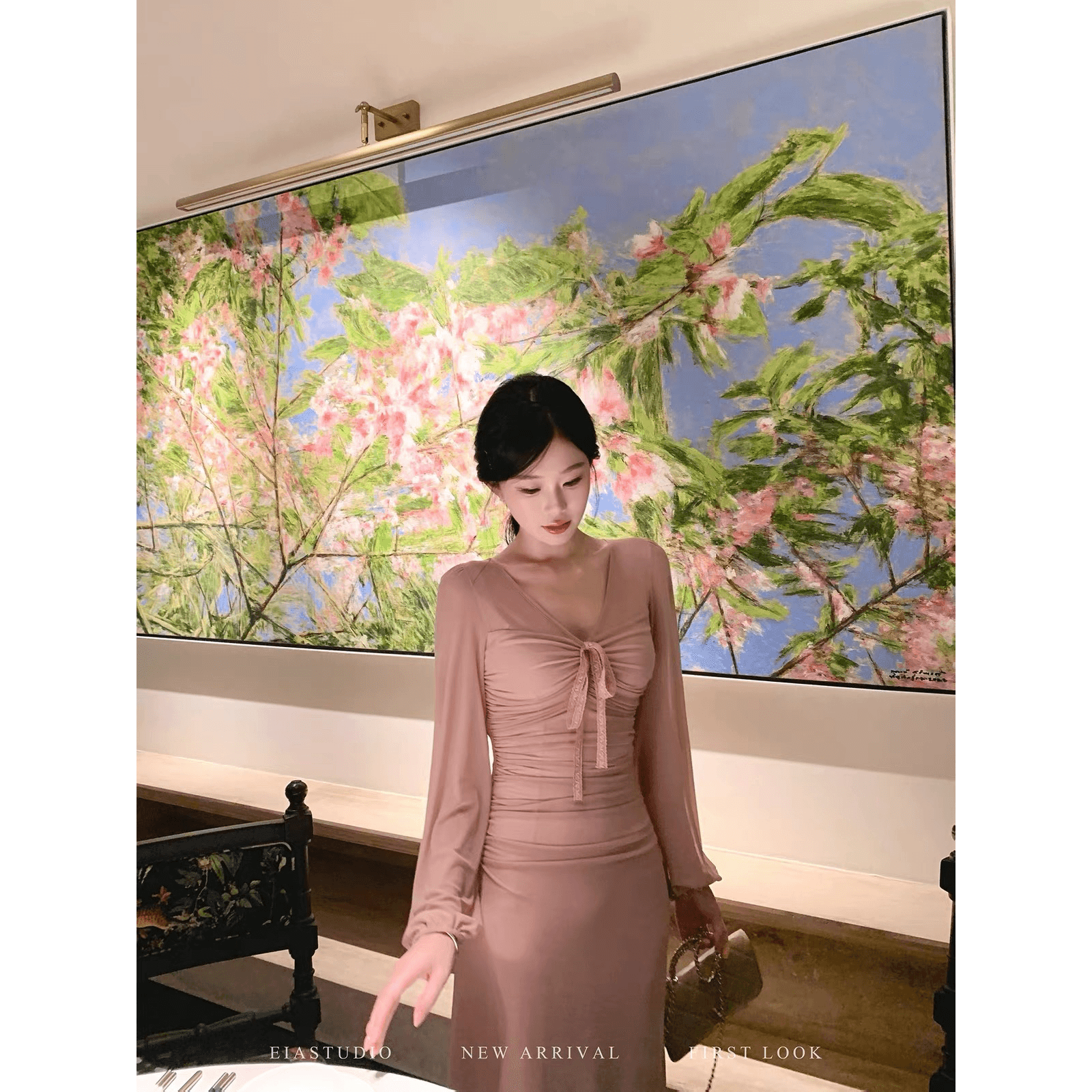 eia 하나 야오 복숭아 비밀 상황 프랑스식 부드러운 바람 롱 스커트 허리 수축 핀치 Pleat 슬림해 보이는 몸매 가꾸기 긴팔 드레스 이미지 4
