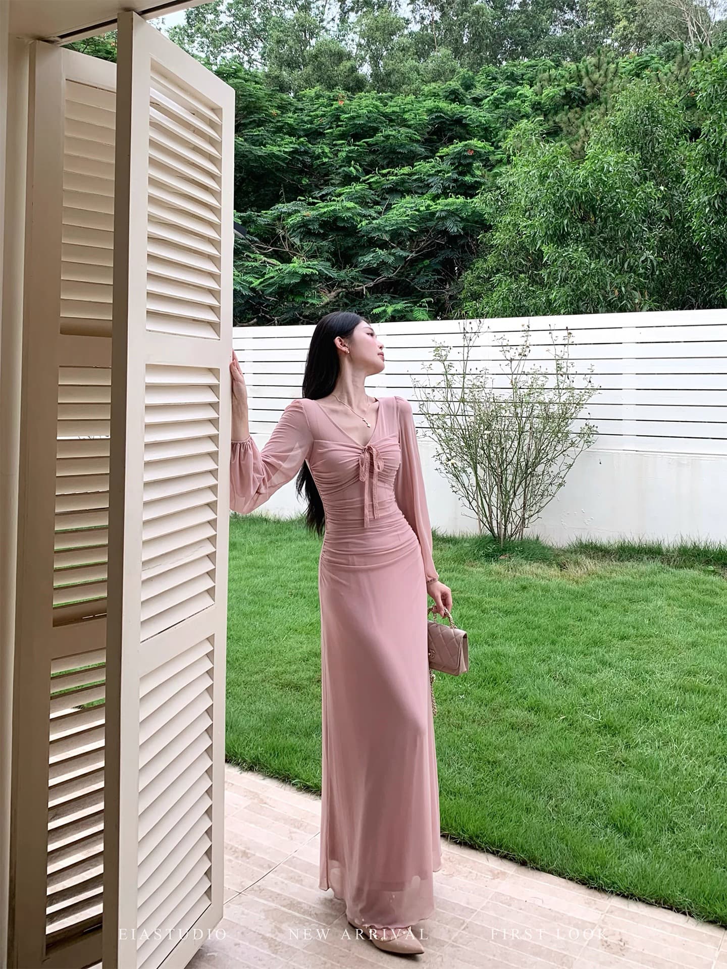 eia 하나 야오 복숭아 비밀 상황 프랑스식 부드러운 바람 롱 스커트 허리 수축 핀치 Pleat 슬림해 보이는 몸매 가꾸기 긴팔 드레스