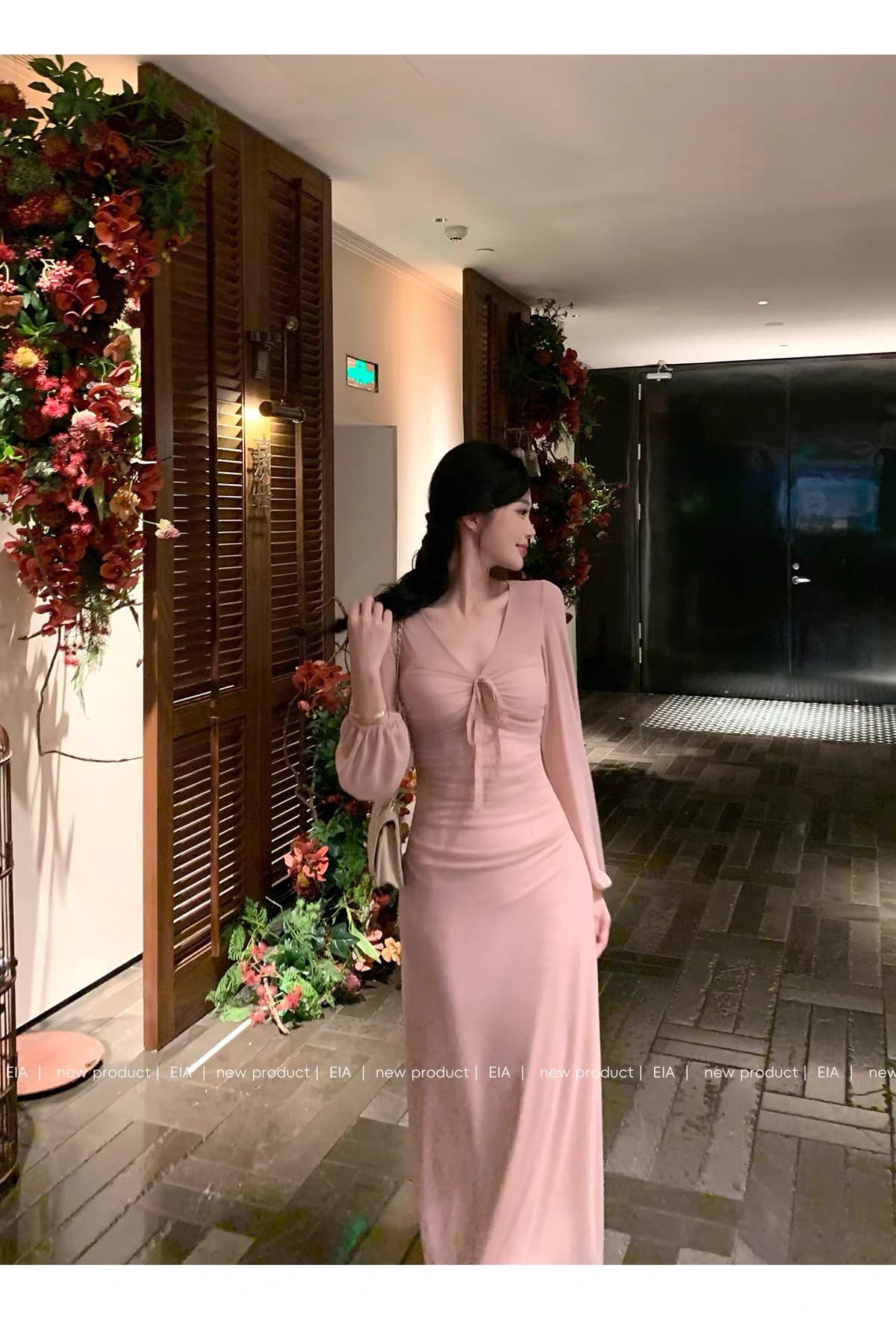 eia 하나 야오 복숭아 비밀 상황 프랑스식 부드러운 바람 롱 스커트 허리 수축 핀치 Pleat 슬림해 보이는 몸매 가꾸기 긴팔 드레스 상세 이미지 8