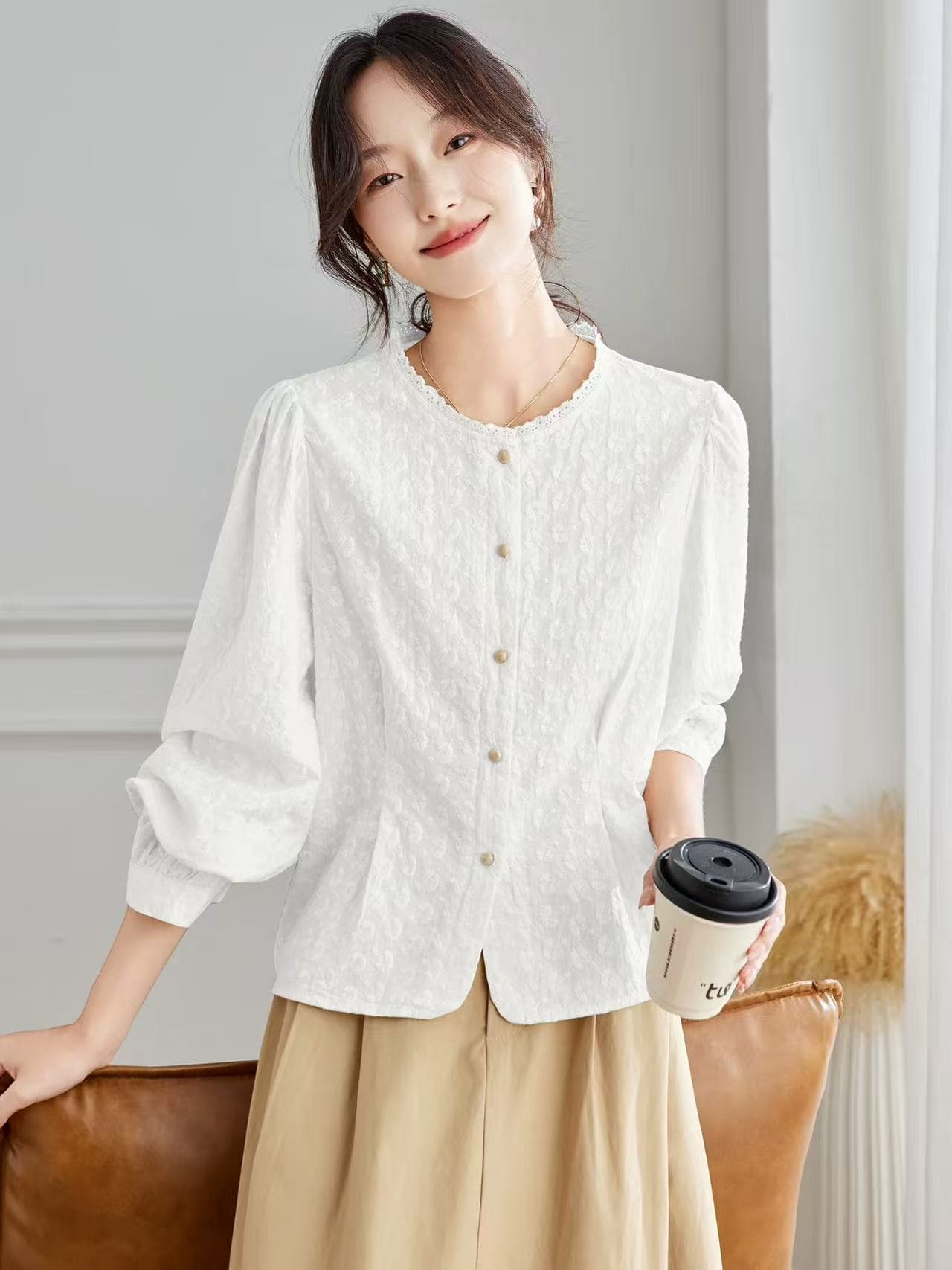 순면 레이스 레이스 라운드 넥 긴팔 여성 셔츠 2025 가을 새로운 프랑스식 면 100% 외국 가스 여성 맨위 이미지 4