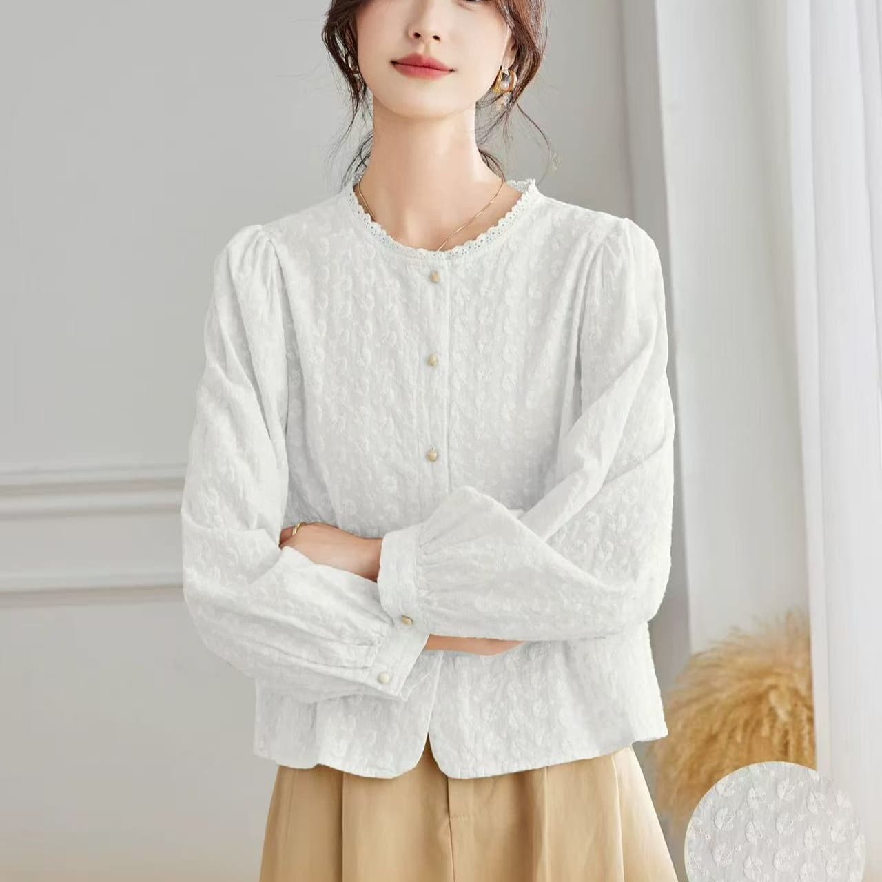 순면 레이스 레이스 라운드 넥 긴팔 여성 셔츠 2025 가을 새로운 프랑스식 면 100% 외국 가스 여성 맨위 이미지 5