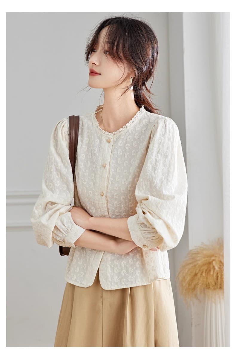 순면 레이스 레이스 라운드 넥 긴팔 여성 셔츠 2025 가을 새로운 프랑스식 면 100% 외국 가스 여성 맨위 상세 이미지 4