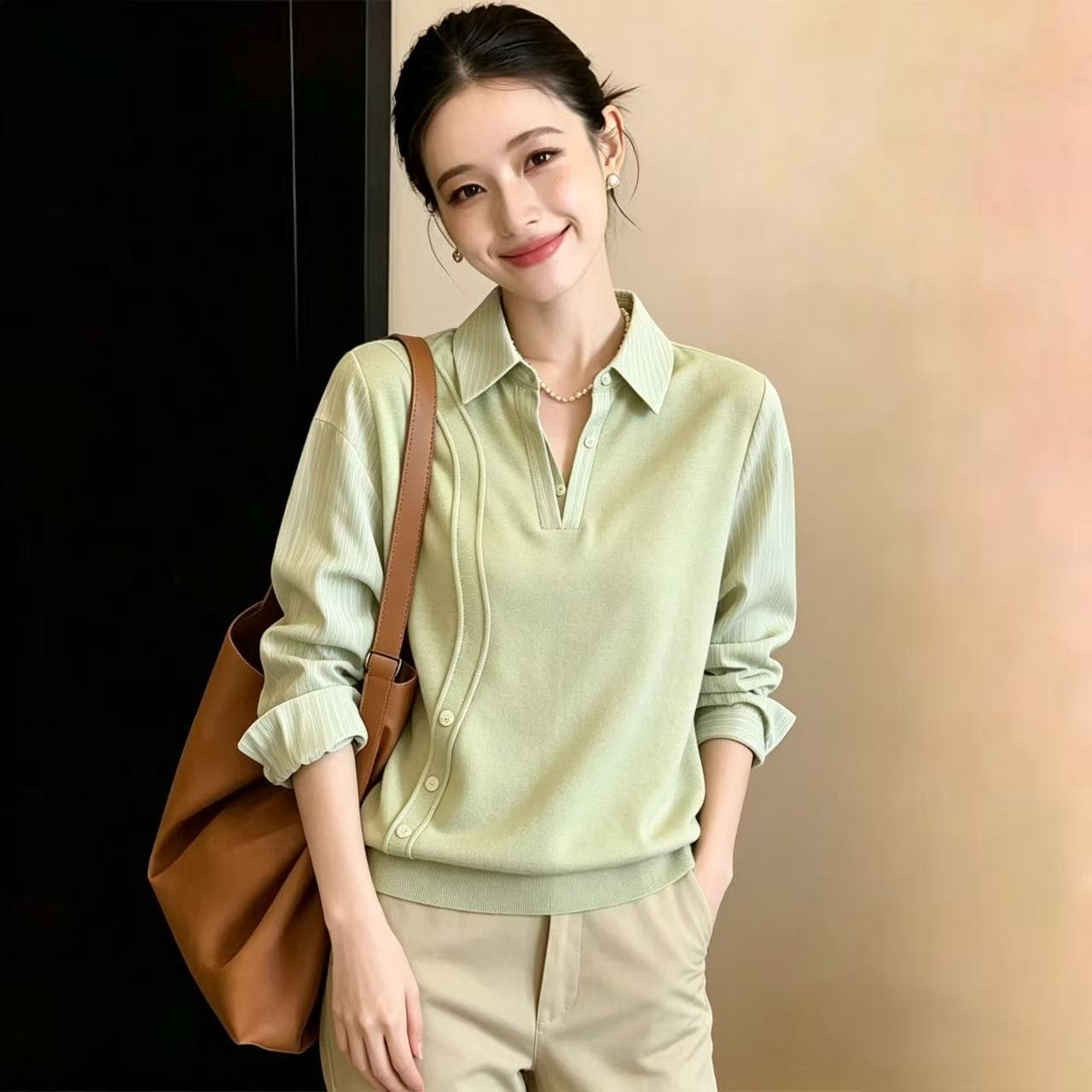 페이크 레이어드 셔츠 긴팔 후드티 여성 가을 새로운 루즈핏 풀오버 스트라이프 패치워크 셔츠 다용도 맨위 이미지 2