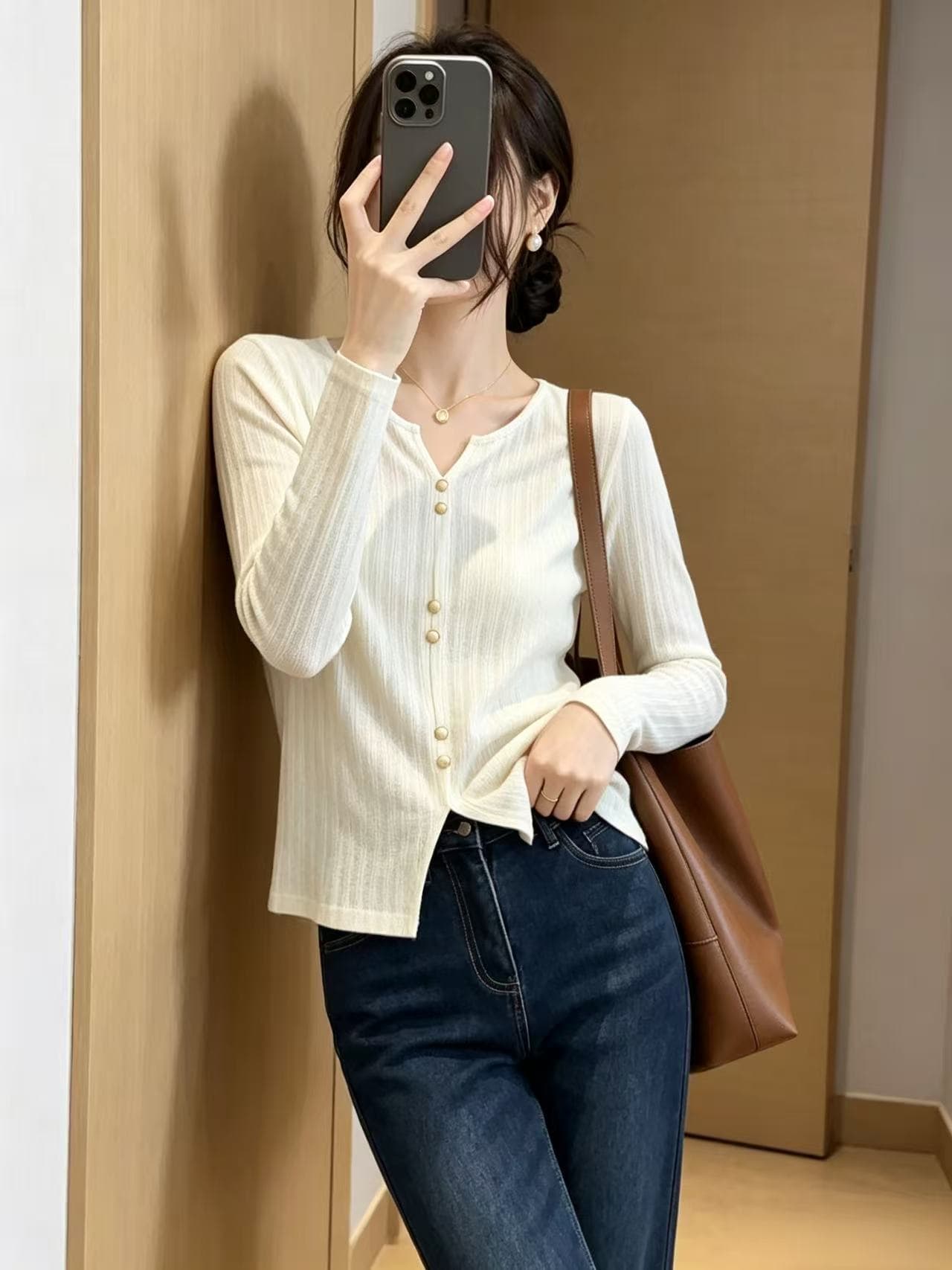 V넥 풀오버 질감 센스 긴팔 티셔츠 여성 가을 의상 새로운 작은 키 몸매 가꾸기 슬림해 보이는 만나는 맨위 상세 이미지 1