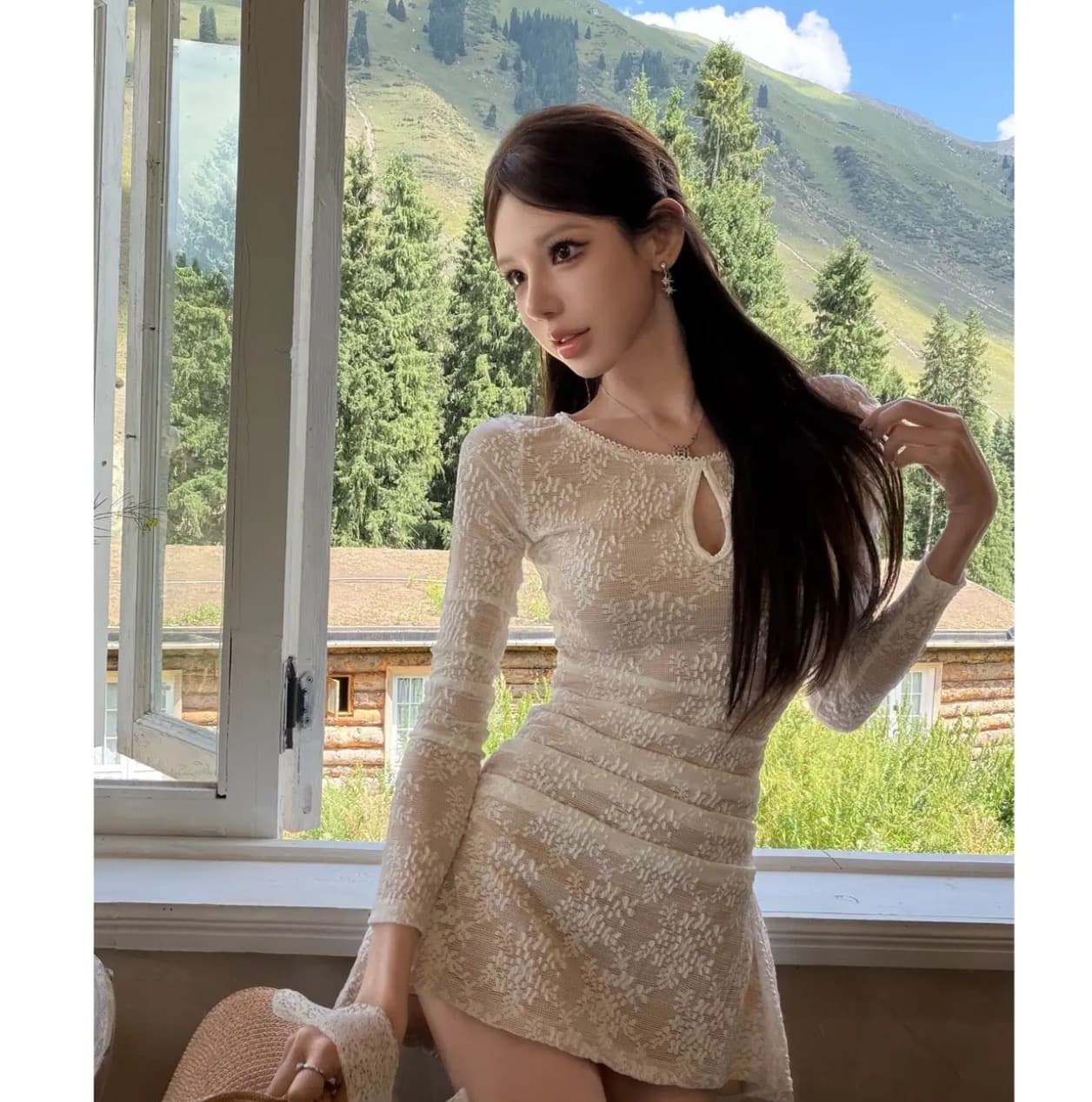 핑크색 얕은 곡물 부드러운 라임 프랑스식 나팔 소매 홀로우 아웃 허리 수축 슬림해 보이는 한 마디 드레스 fh26c3q3039 상세 이미지 3