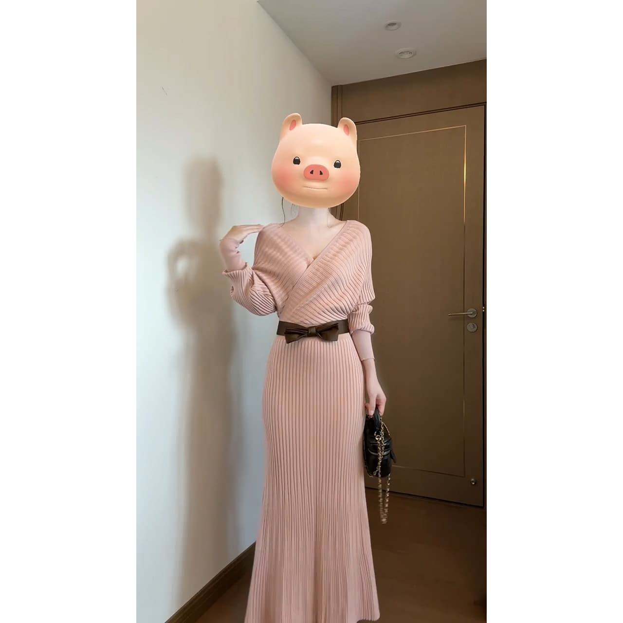 하트 비트 연애 편지 가을 한 부서 섹시함 핫걸 명문 여성 품격 V넥 니트 드레스 상세 이미지 1