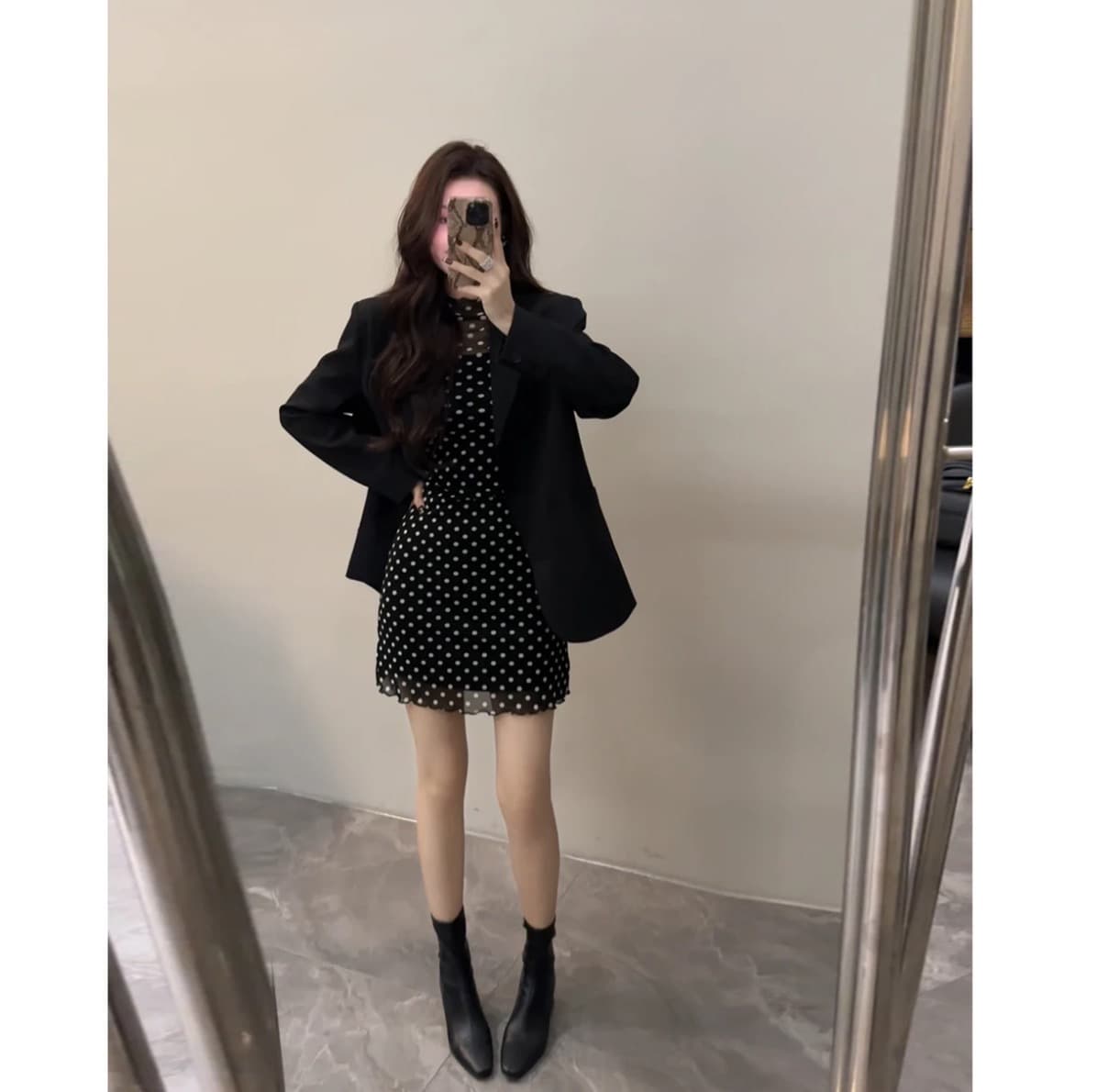 대 찌르기 긴팔 라운드 넥 몸매 가꾸기 도트 무늬 드레스 패션 슬림해 보이는 품격 이른 가을 새로운 치마 상세 이미지 4