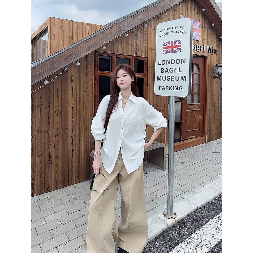 한 부서 디자인 V넥 거품 소매 화이트 셔츠 여성 의류 이른 가을 새로운 오래된 돈 바람 루즈핏 슬림해 보이는 허리 수축 맨위 이미지 3