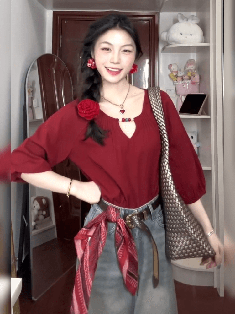 프랑스식 품격 빨간색 긴팔 여성 셔츠 조기 가을 2026 새로운 고급 센스 고유 한 외국 가스 그레이트 봐. 의류 이미지 4