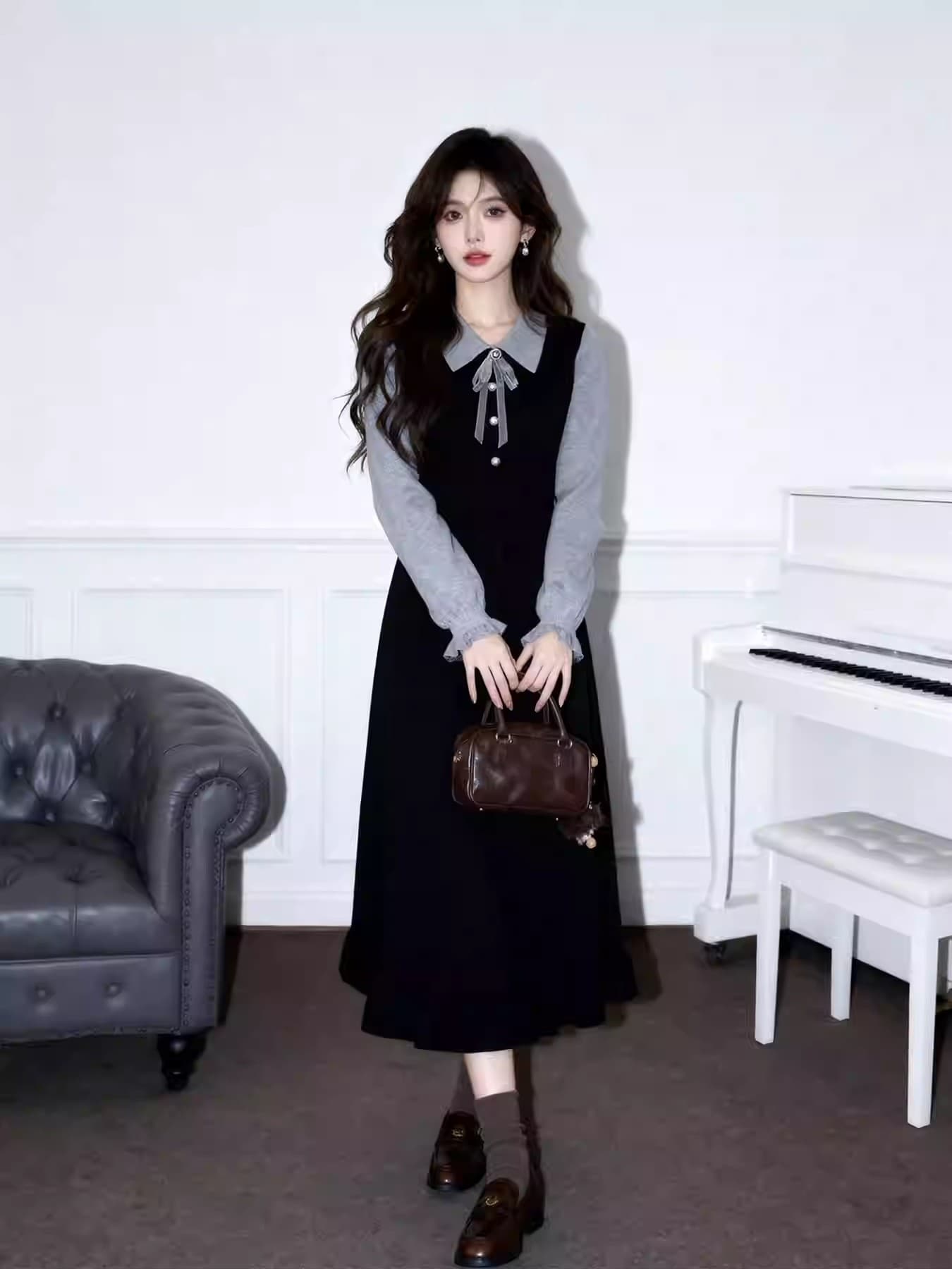 부유 한 가족 천 골드 miu 부서 착용 가져 가라. 학원 스타일 페이크 레이어드 패치워크 칼라 드레스 특별 아름다운 꼬집기 허리 작은 치마 이미지 4