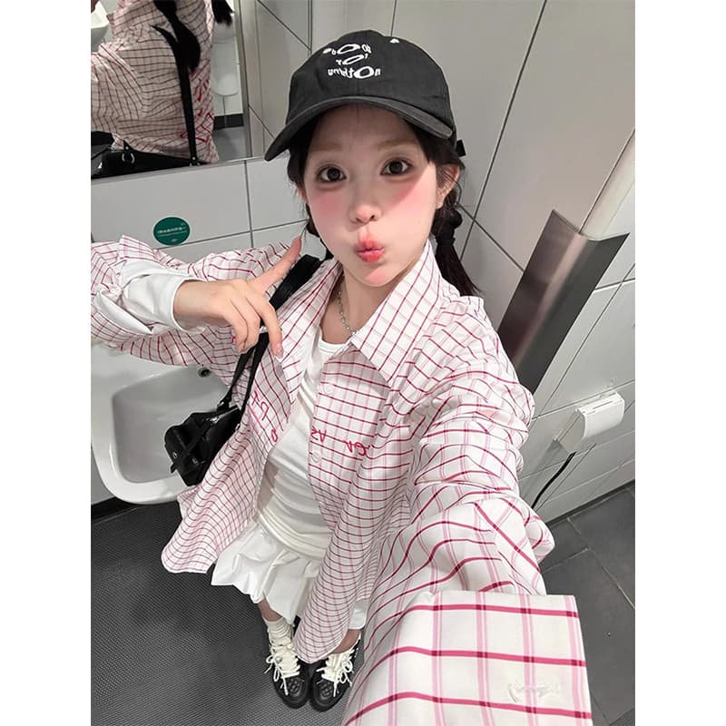 국가 조수 브랜드 핑크색 체크무늬 POLO 칼라 자외선 차단 여성 셔츠 봄 여름 오픈 가디건 디자인 센스 몸매 가꾸기 슬림해 보이는 다용도 셔츠