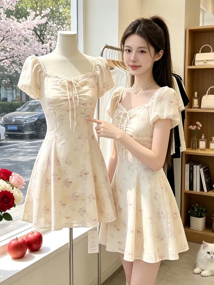 프랑스식 품격 순수한 욕망 바람 꽃무늬 드레스 여름 신선함 새로운 몸매 가꾸기 달콤함 작은 대중 허리 수축 레이스업 미니 스커트 이미지 4