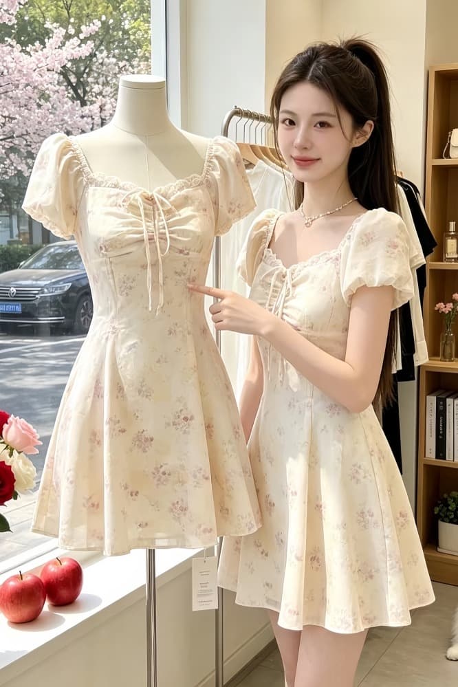 프랑스식 품격 순수한 욕망 바람 꽃무늬 드레스 여름 신선함 새로운 몸매 가꾸기 달콤함 작은 대중 허리 수축 레이스업 미니 스커트 상세 이미지 5