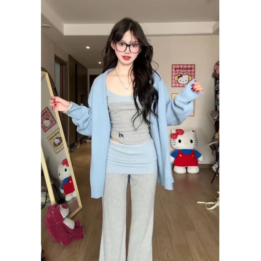 marie.coco 슈퍼 화재 열린 봄 착용 가져 가라. 전체 집합 파란색 스웨터 오픈 가디건 캐미솔 와이드 레그 팬츠 3종 세트 이미지 2