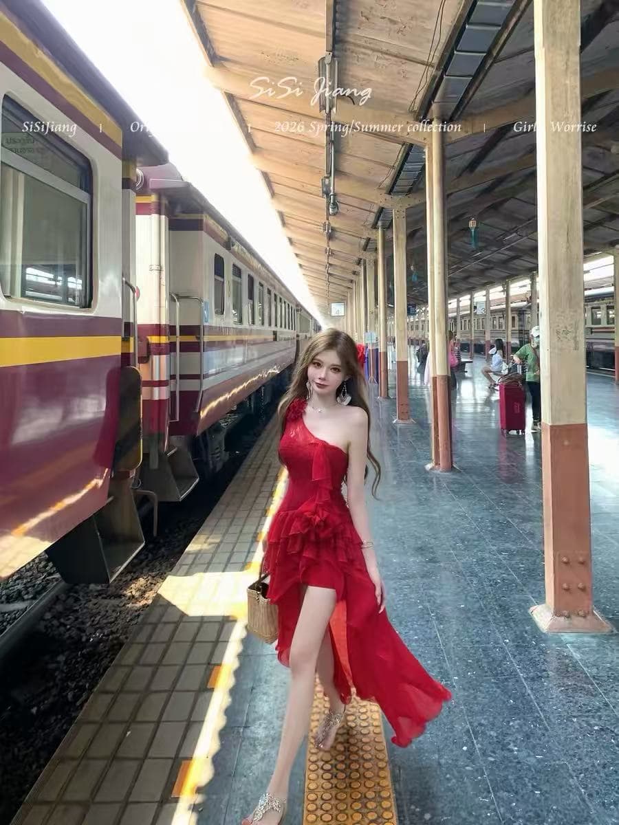 프랑스식 여름 품격 장미 프릴 몸매 가꾸기 슬림해 보이는 빨간색 드레스 상세 이미지 2