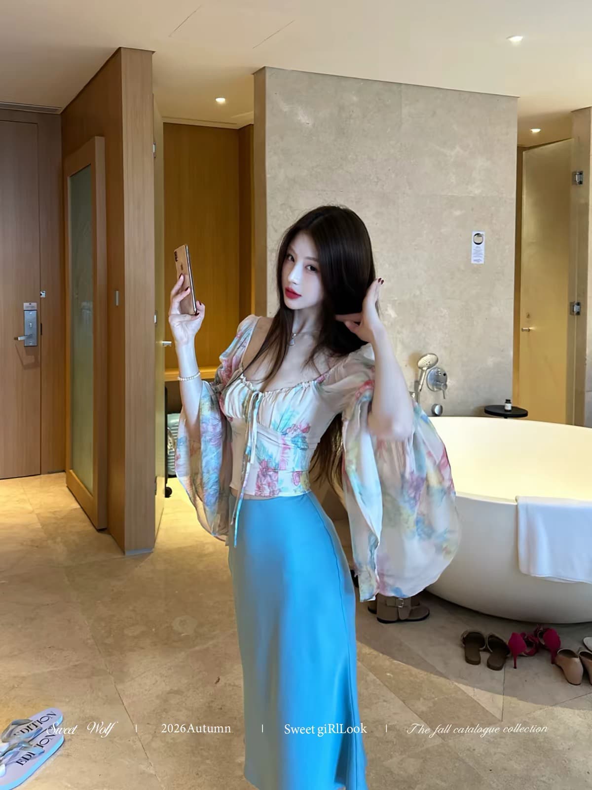 달콤함 ~ 중 사악한 늑대 수채화 물감 헤일로 염색 꽃무늬 쉬폰 블라우스 여자 칼라 디자인 센스 슬림해 보이는 명중 가져 가라. 작은 셔츠 맨위 상세 이미지 3