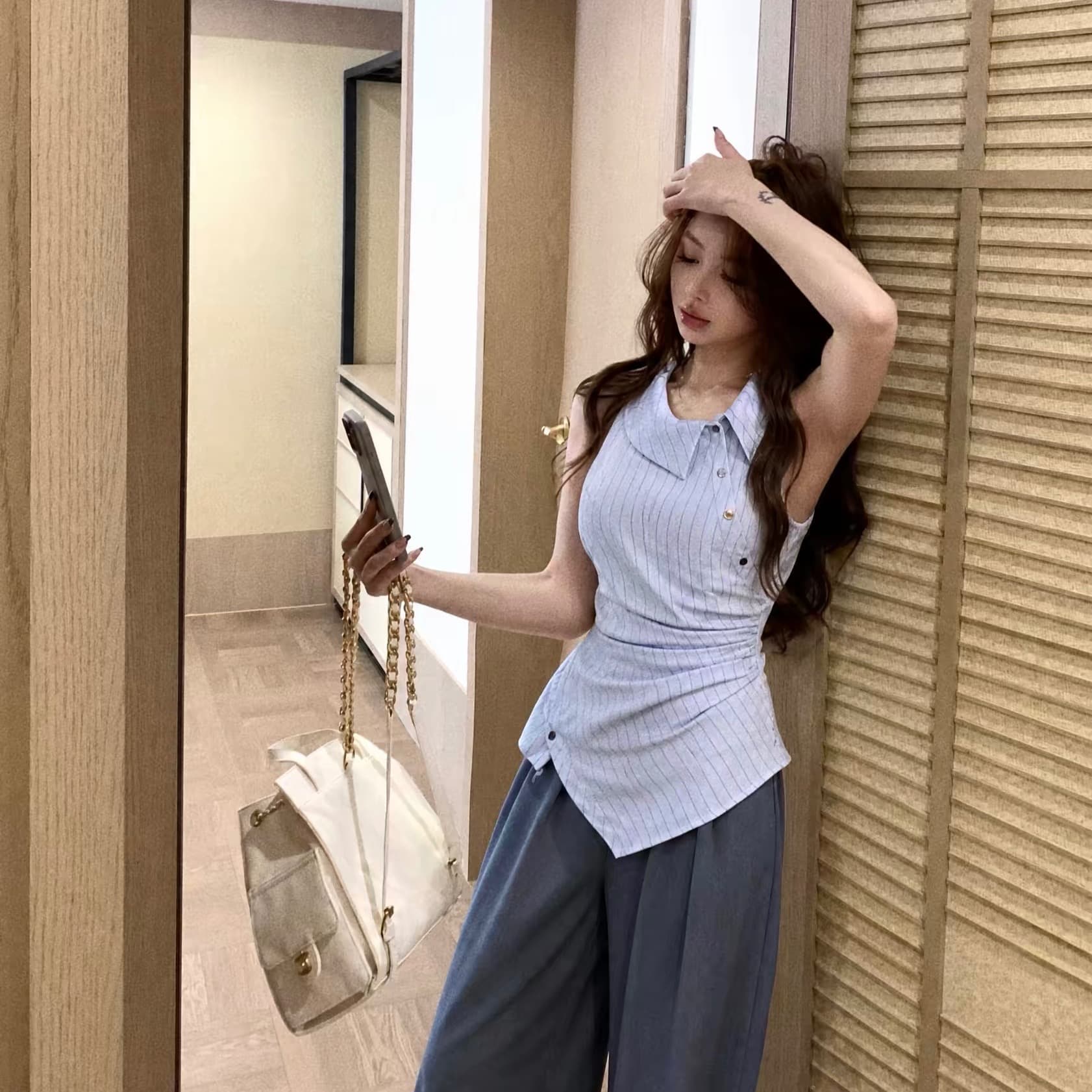pphome 불규칙 스트라이프 폴로 칼라 허리 수축 핀치 Pleat 셔츠 조끼 여성 여름 하이웨이스트 캐주얼 바지 투피스 세트 이미지 5