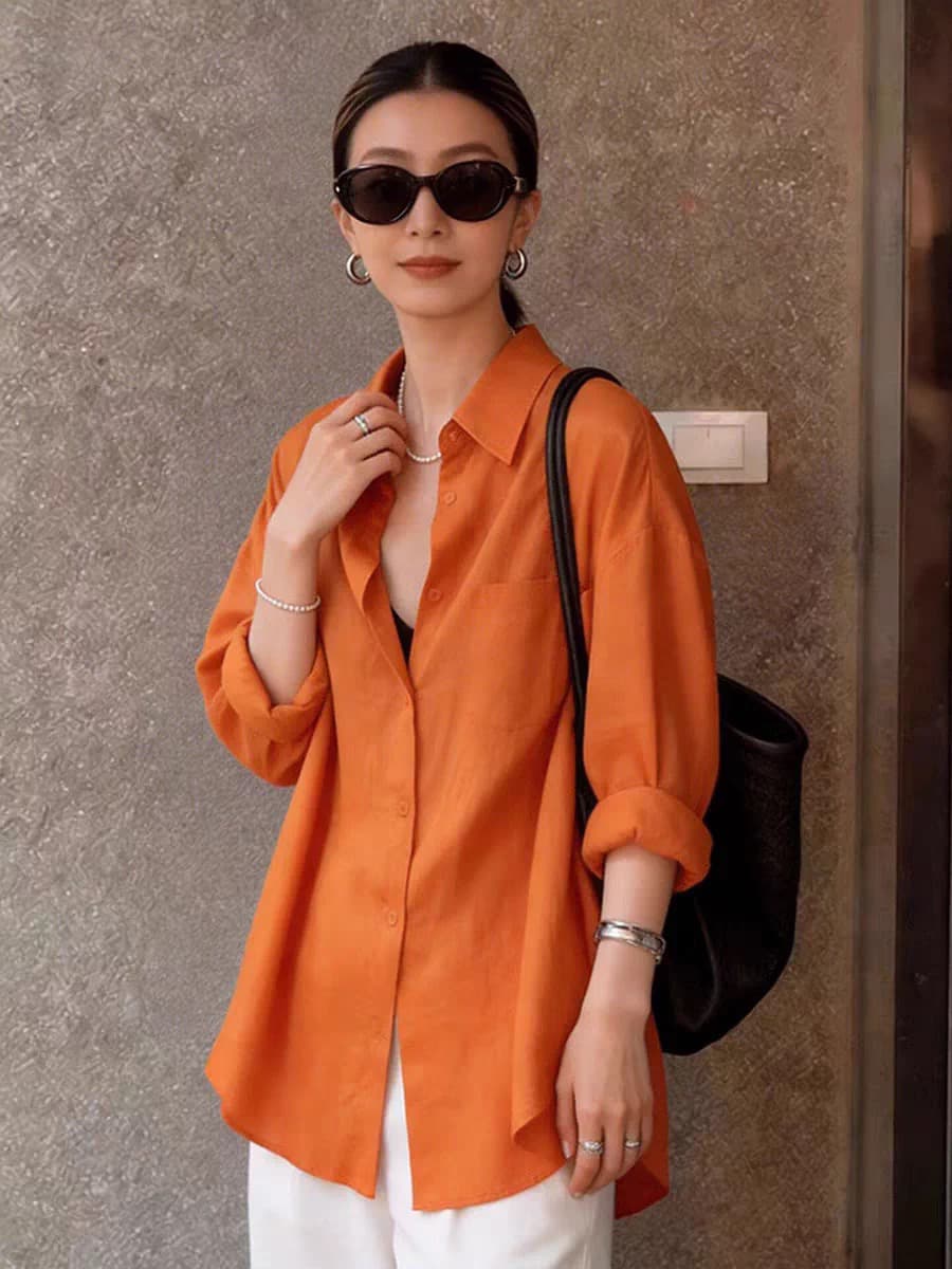 야외 캐주얼 바람 주황색 폴로 칼라 긴팔 여성 셔츠 여름 로드 중 디스플레이 화이트 휴식 섹션 품격 자외선 차단 외부 잡아라. 의류 상세 이미지 2