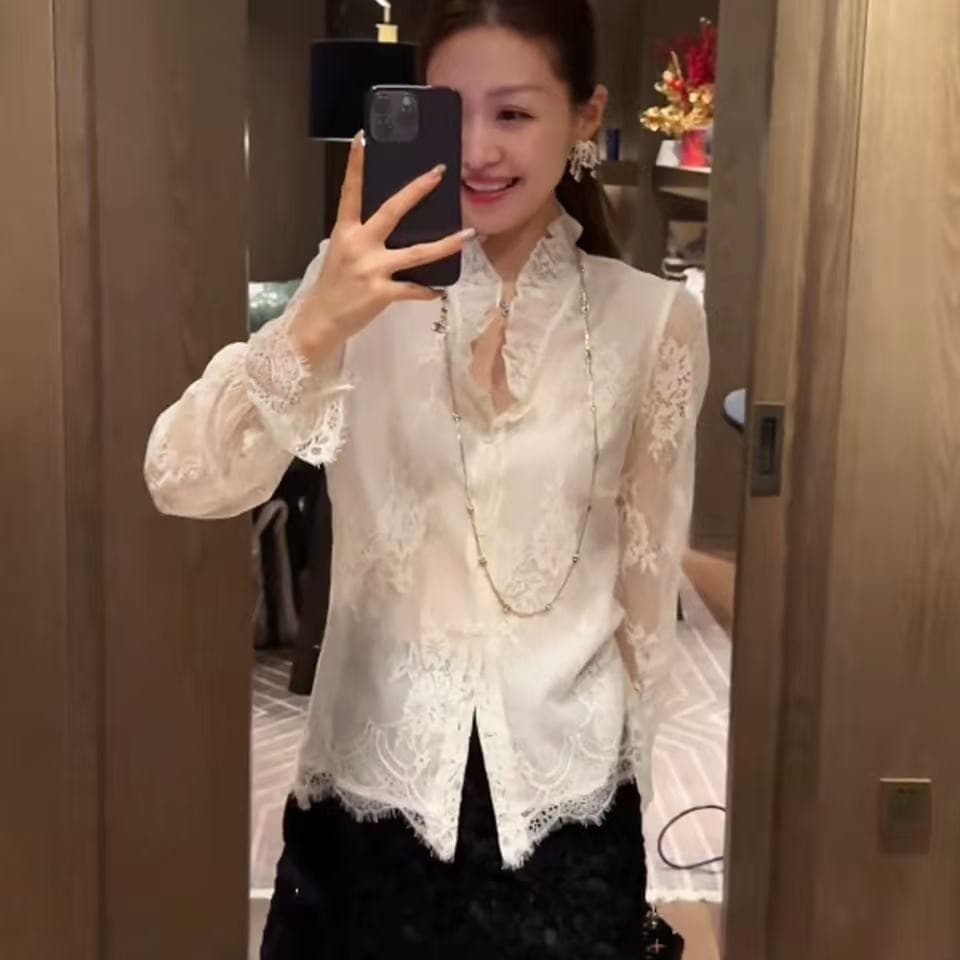 프랑스식 무거운 작업 레이스 조각 여성 셔츠 2026 봄 고급 센스 프릴 루즈핏 다용도 긴팔 맨위 트렌디 상세 이미지 5