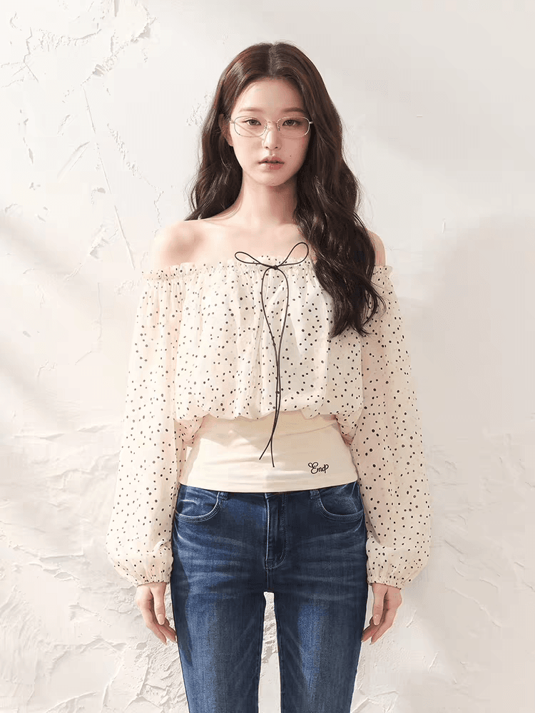 eleven sleep 오프숄더 쉬폰 블라우스 여성 가을 도트 무늬 외부 잡아라. 의류 고급 센스 허리 수축 긴팔