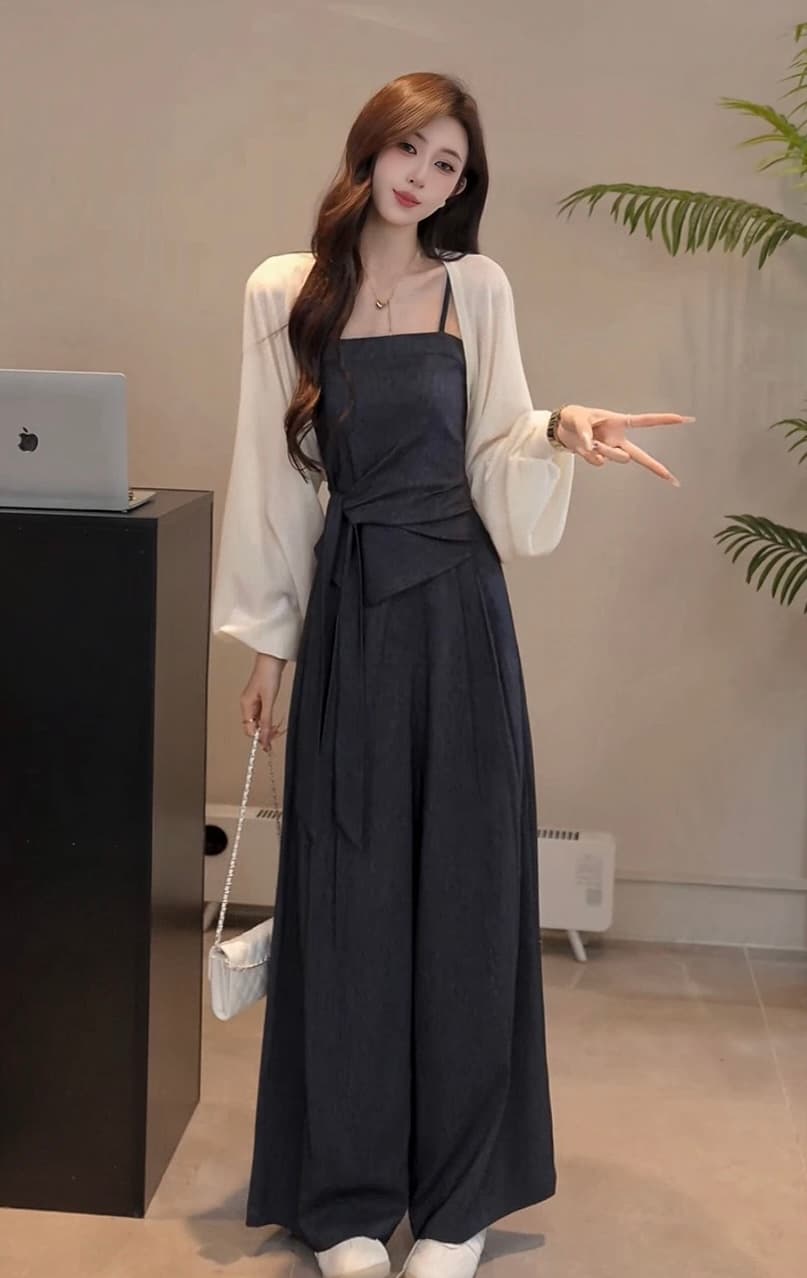 yuanliansu 둥근 얼굴 파삭 파삭 한 딩펑 주문 천 금빛 바람 오픈 가디건 캐미솔 와이드 레그 팬츠 세트 상세 이미지 4