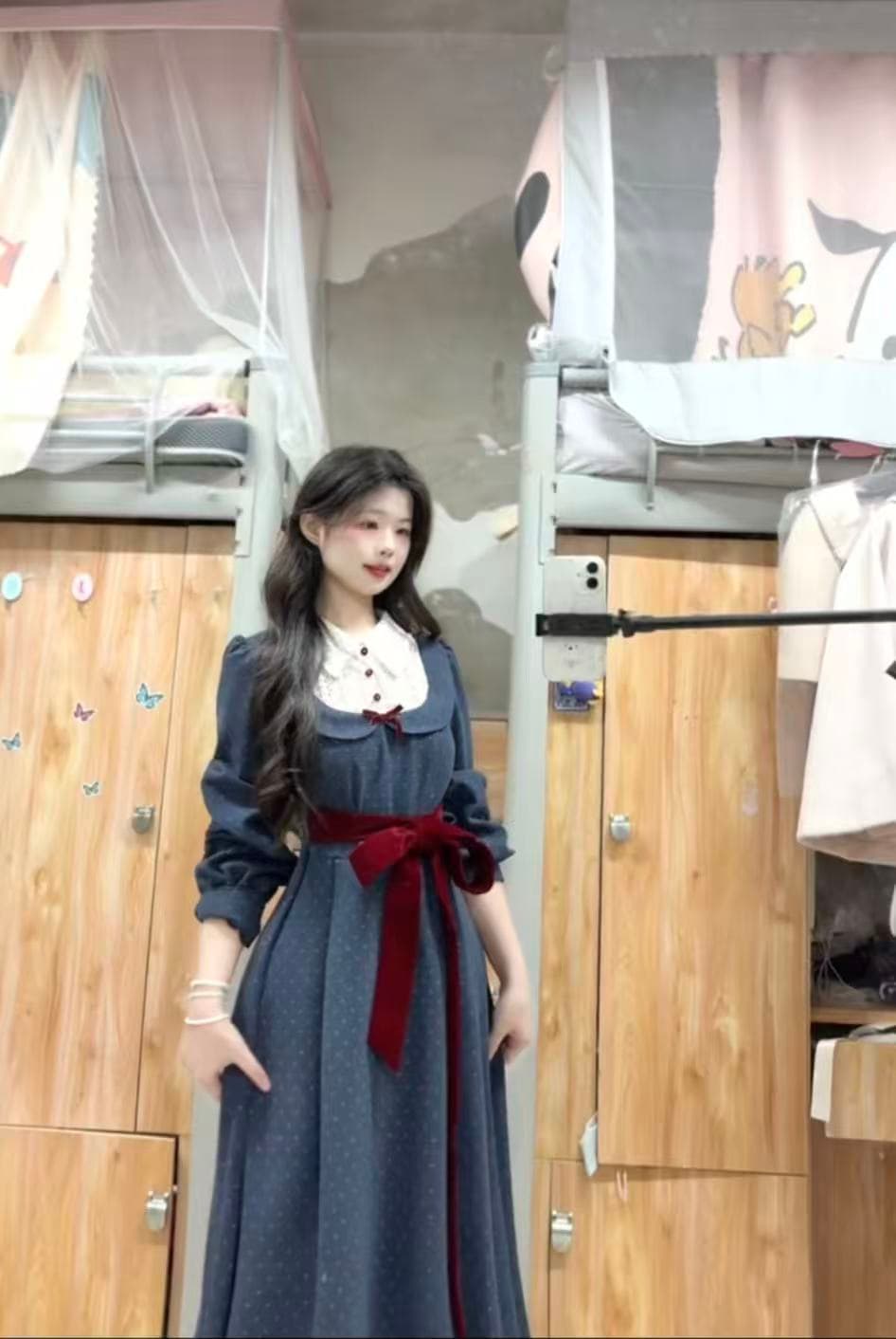 페이크 레이어드 도트 무늬 프린트 스트랩 모직 여성 드레스 허리 수축 천 금빛 바람 치마 이미지 2