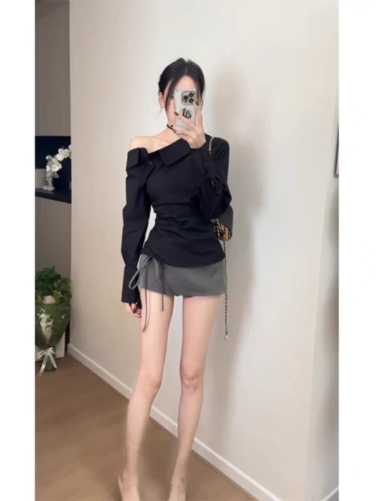 프랑스식 검정색 디자인 센스 오프숄더 주름 허리 수축 여성 셔츠 봄 새로운 쇼트 스타일 작은 대중 몸매 가꾸기 품격 맨위 상세 이미지 2