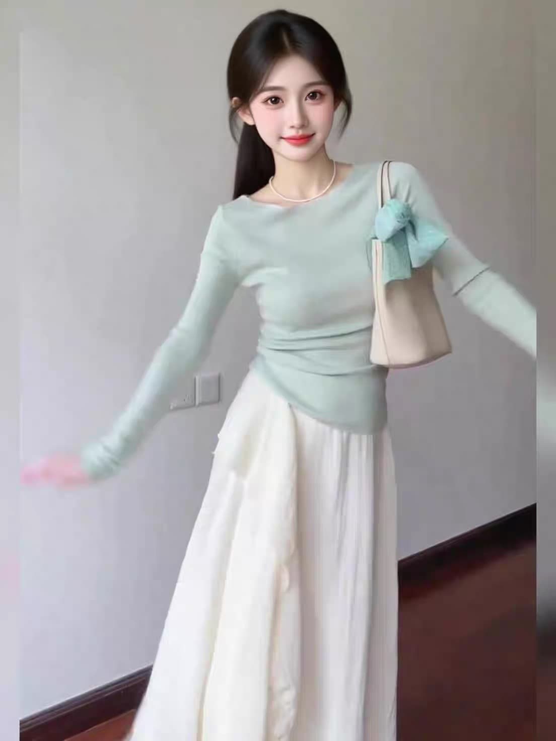 이른 가을 ootd 코디 전체 집합 부드러운 착용 가져 가라. 작은 키 아름다운 니트 스웨터 반신 스커트 투피스 슈트 이미지 2