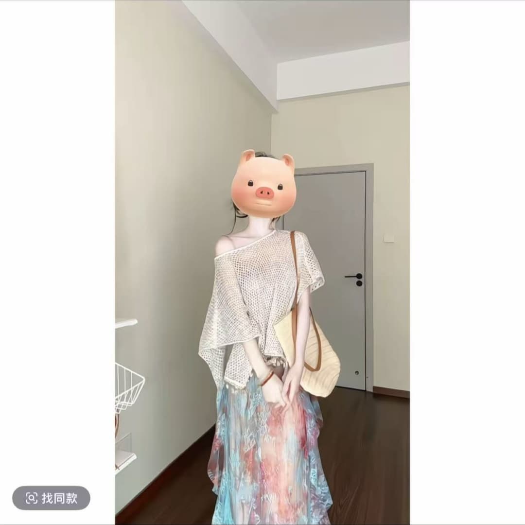 프랑스식 휴가 바람 새로운 중식 핑크색 홀치기 염색 슬립 드레스 여름 새로운 니트 홀로우 아웃 망토 세트 상세 이미지 3