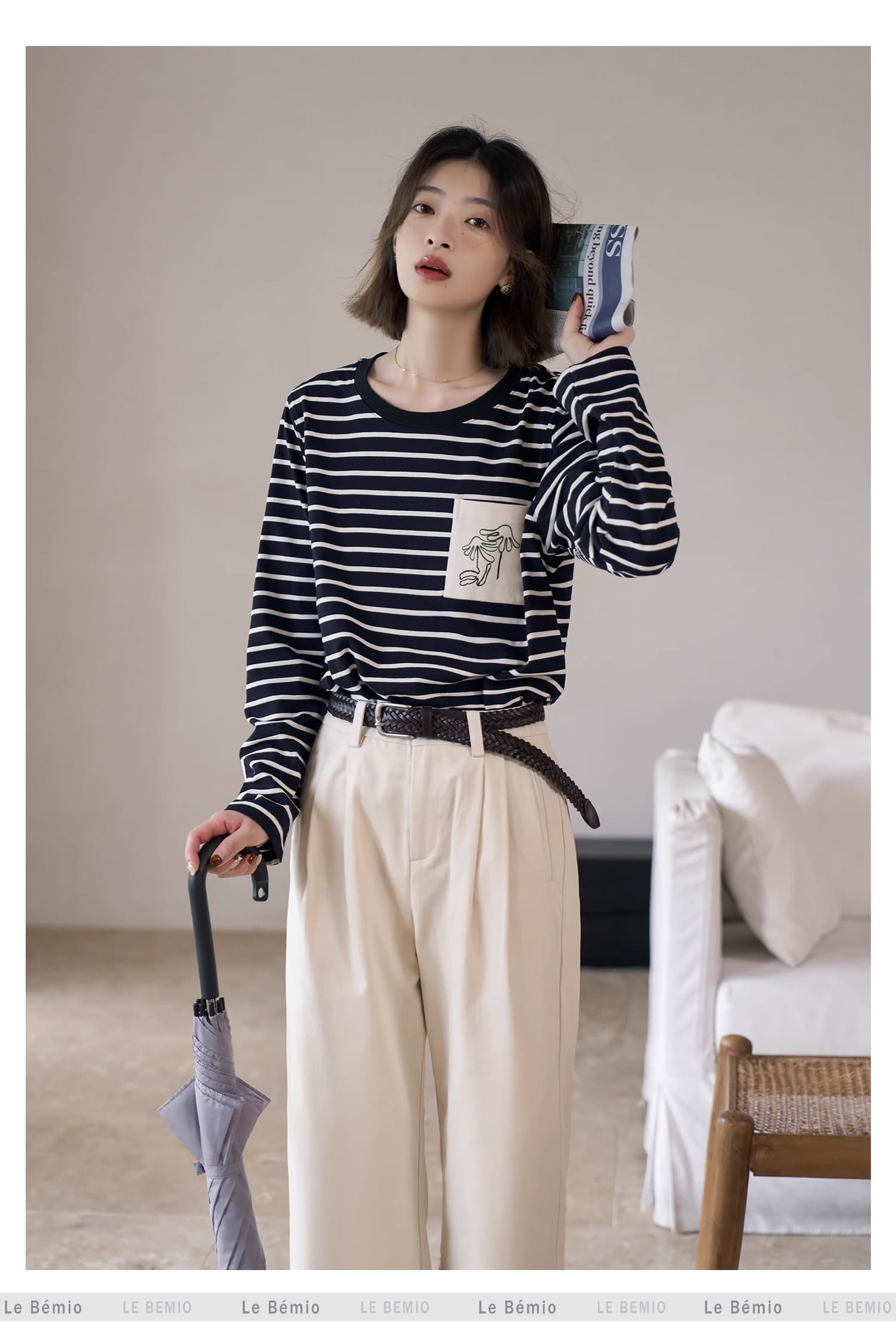 흰 그림 작업장 해안 편지 스트라이프 티셔츠 여성 긴 소매 라운드 넥 순면 인사이드 가져 가라. 슬림해 보이는 맨위 상세 이미지 2