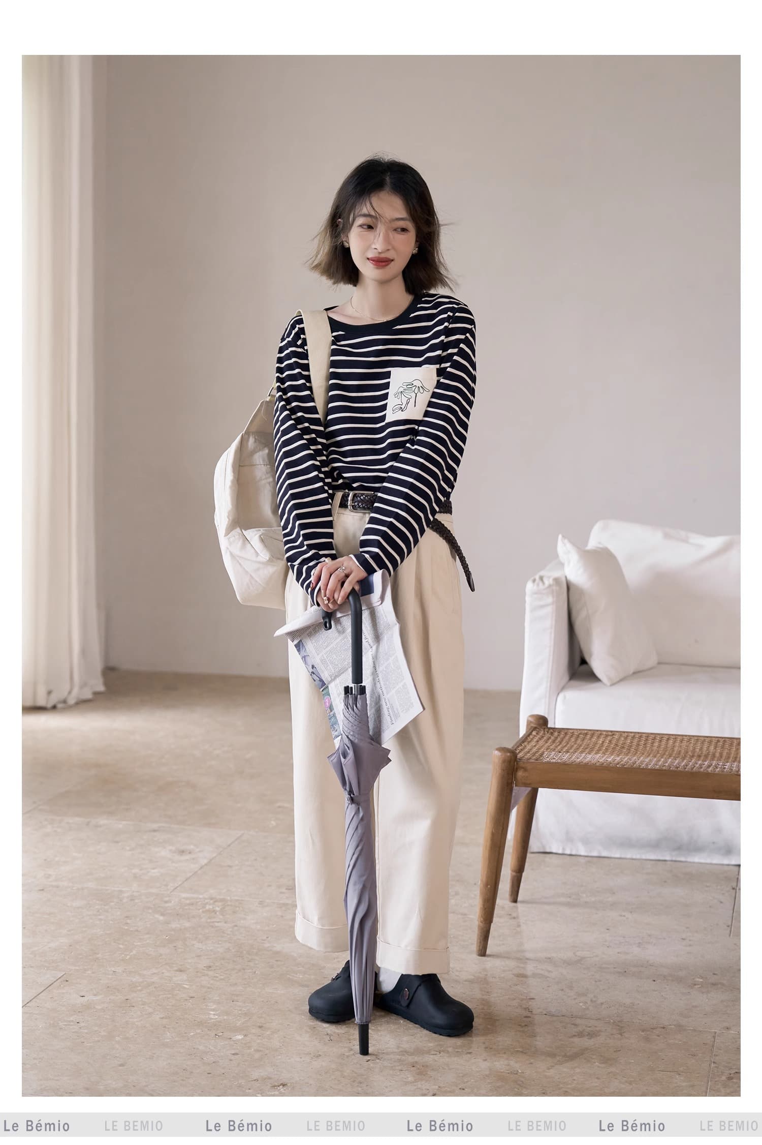 흰 그림 작업장 해안 편지 스트라이프 티셔츠 여성 긴 소매 라운드 넥 순면 인사이드 가져 가라. 슬림해 보이는 맨위 상세 이미지 12