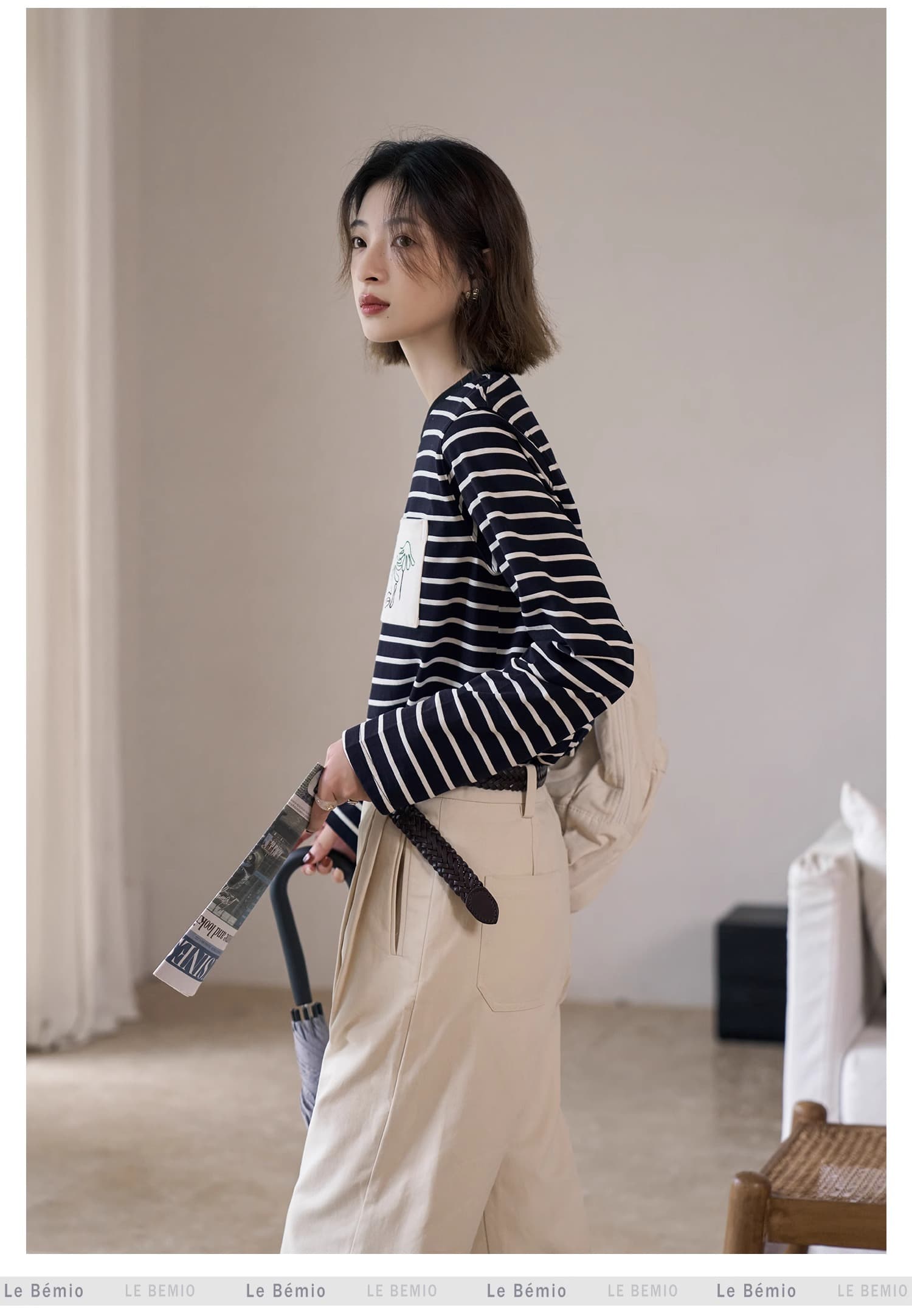 흰 그림 작업장 해안 편지 스트라이프 티셔츠 여성 긴 소매 라운드 넥 순면 인사이드 가져 가라. 슬림해 보이는 맨위 상세 이미지 14