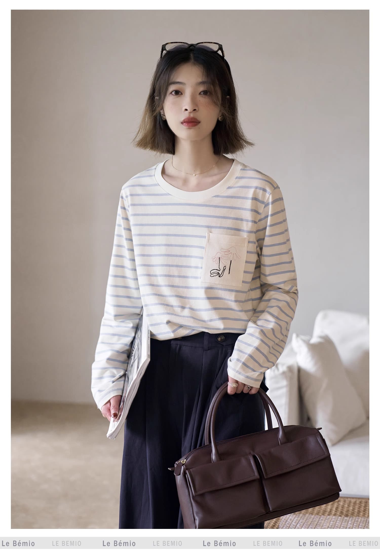 흰 그림 작업장 해안 편지 스트라이프 티셔츠 여성 긴 소매 라운드 넥 순면 인사이드 가져 가라. 슬림해 보이는 맨위 상세 이미지 19