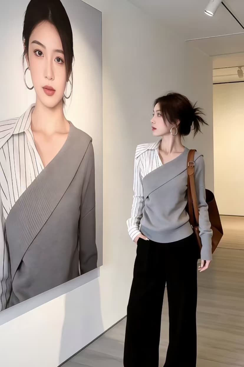 품격 출퇴근 가을 V넥 빛 요리 한 프랑스식 바람 페이크 레이어드 스트라이프 여성 셔츠 디자인 센스 긴팔 맨위 2026