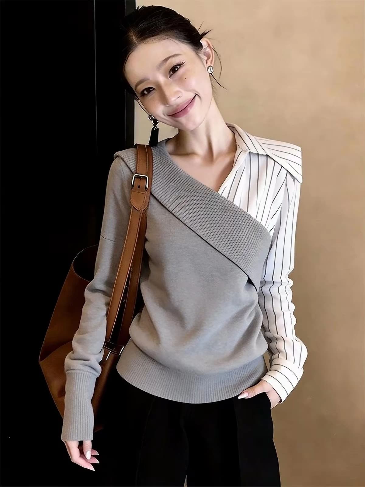 품격 출퇴근 가을 V넥 빛 요리 한 프랑스식 바람 페이크 레이어드 스트라이프 여성 셔츠 디자인 센스 긴팔 맨위 2026 이미지 2