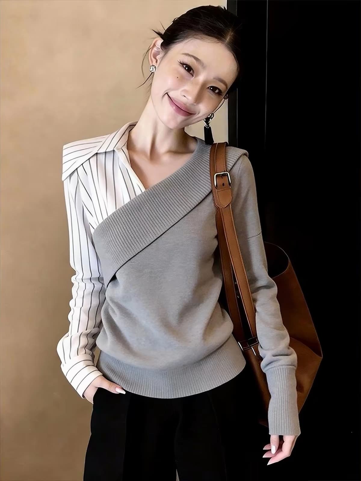품격 출퇴근 가을 V넥 빛 요리 한 프랑스식 바람 페이크 레이어드 스트라이프 여성 셔츠 디자인 센스 긴팔 맨위 2026 이미지 3