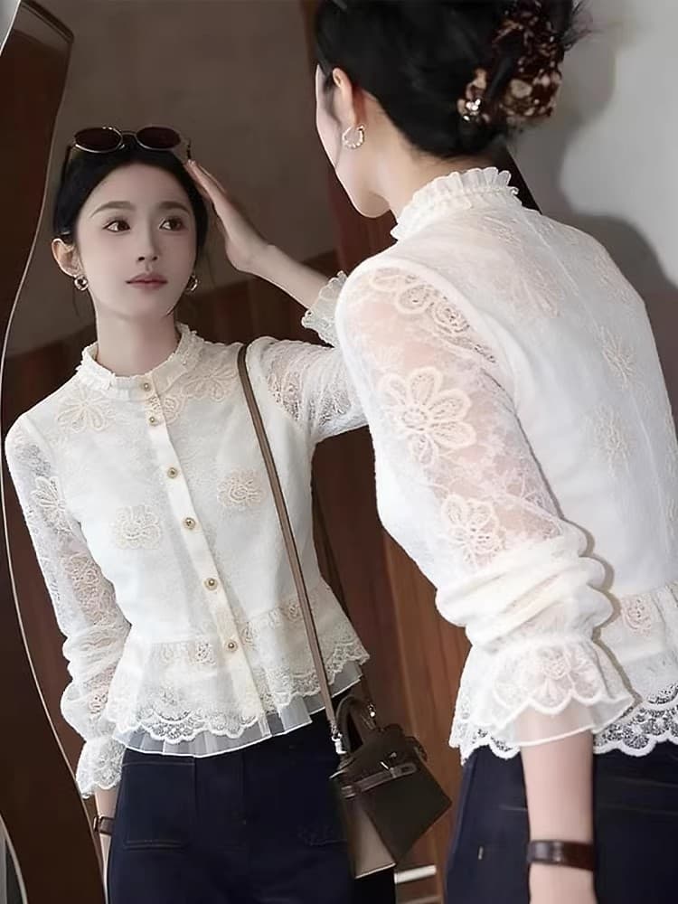 프랑스식 낭만주의 바람 레이스 자수 여성 셔츠 봄 새로운 Chic 프릴 긴팔 셔츠 품격 맨위 트렌디 상세 이미지 4