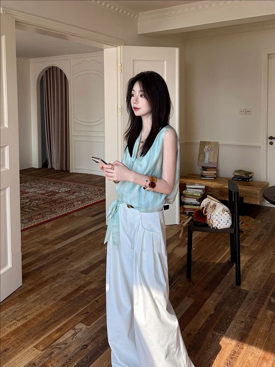 박하 깃발 십자가 포장 레이스업 맨위 작은 대중 디자인 분위기 센스 리본 작은 셔츠 이미지 2