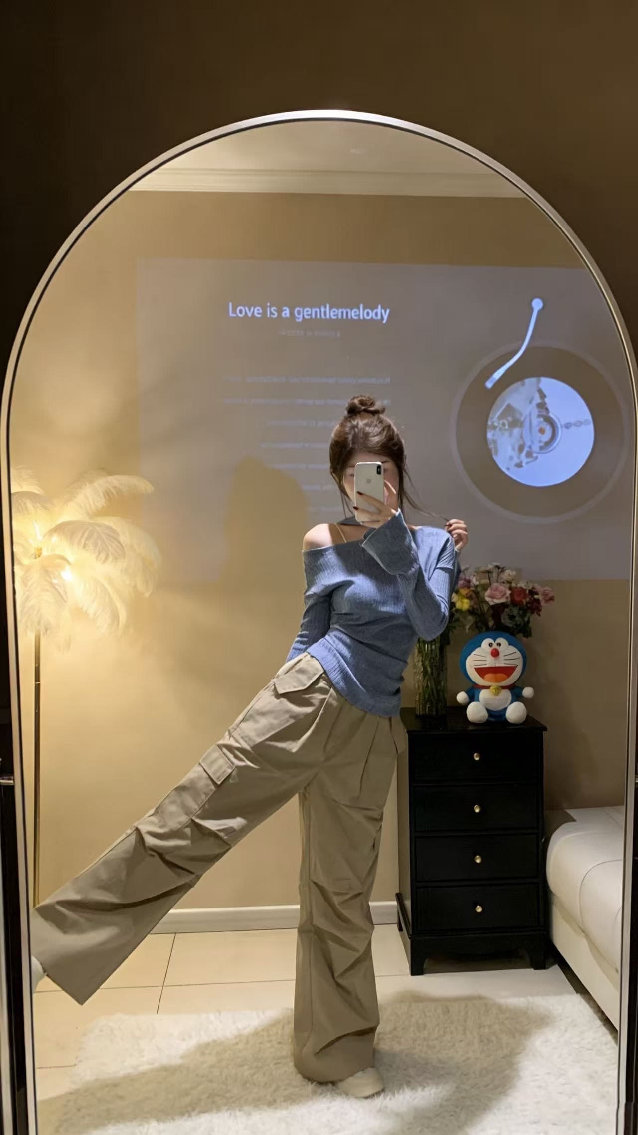 프랑스식 고급 센스 행침 목 리본 하늘색 맨위 여성 이른 봄 달콤한 매운맛 한 단어 오프숄더 긴팔 니트 투피스 세트 이미지 4