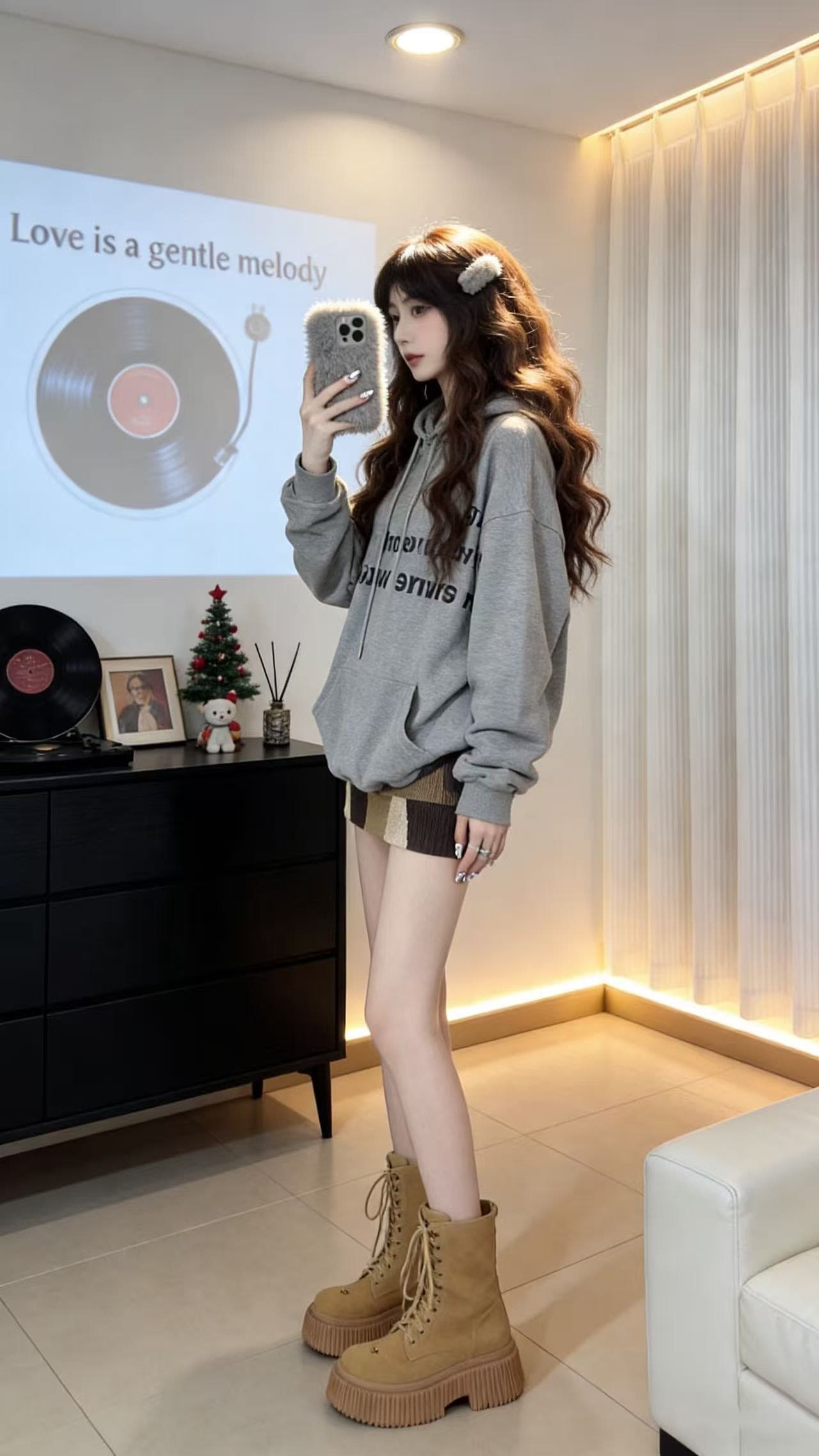 이른 가을 아메리칸 레트로 풀오버 후드 긴팔 후드티 여성 디자인 센스 작은 대중 알파벳 프린트 회색 투피스 슈트 상세 이미지 2