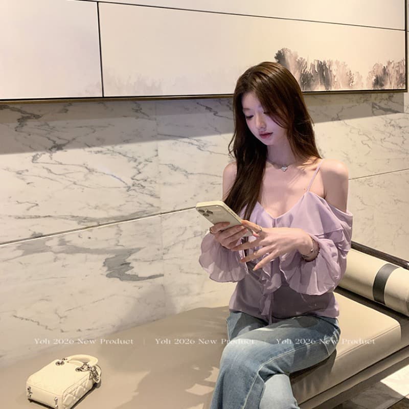 낭만주의 시적인 보라색 V넥 프릴 시폰 셔츠 여성 가을 미니멀리즘 품격 오프숄더 맨위 이미지 5