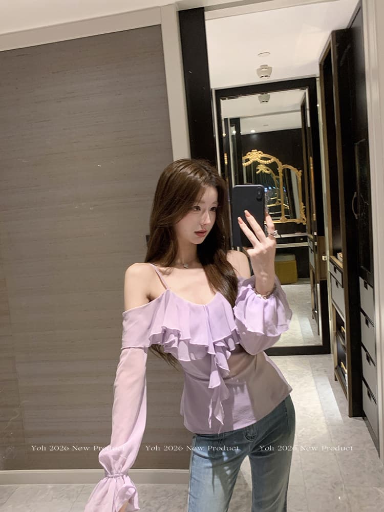 낭만주의 시적인 보라색 V넥 프릴 시폰 셔츠 여성 가을 미니멀리즘 품격 오프숄더 맨위 상세 이미지 2