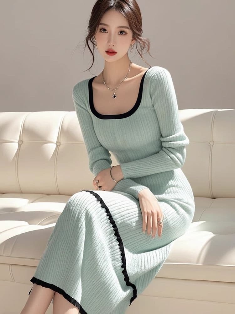 경기 코트 인사이드 가져 가라. 롱 코트 만나는 스웨터 드레스 허리 수축 슬림해 보이는 품격 긴팔 광장 칼라 니트 여성 드레스 가을 겨울 이미지 4