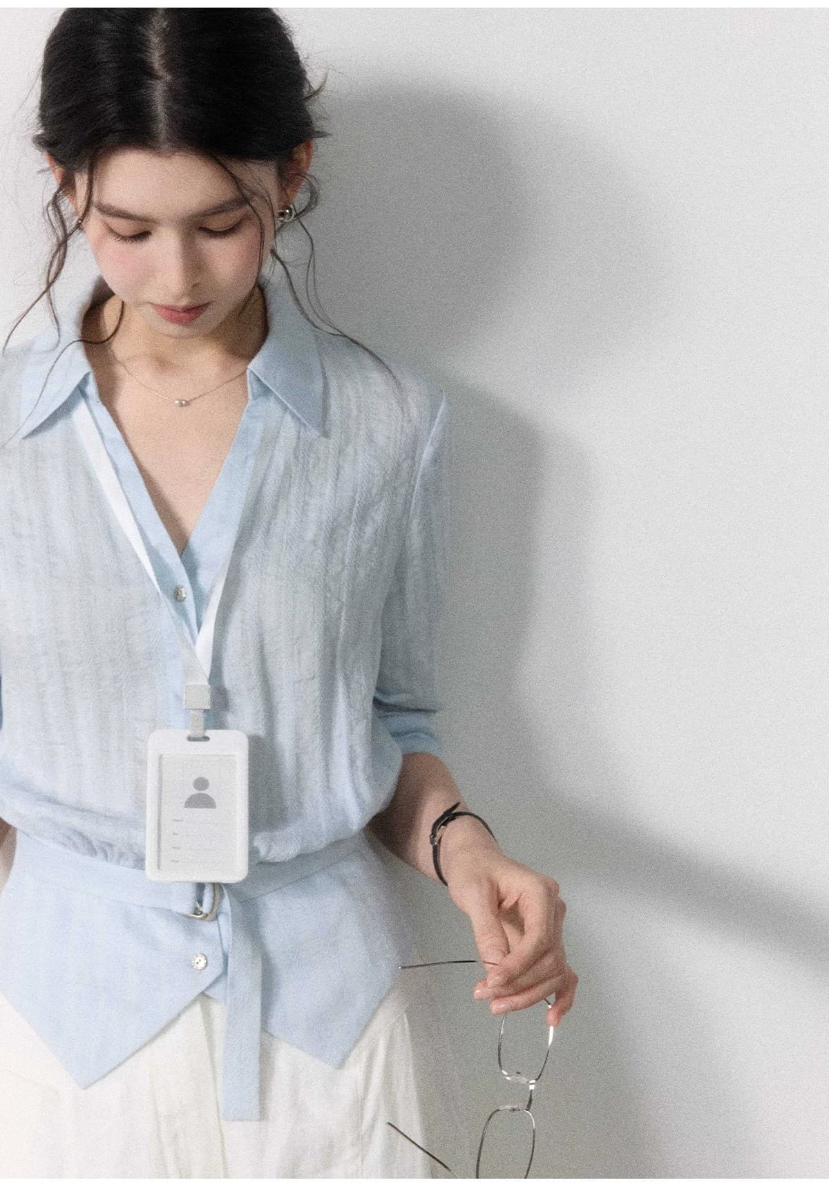 거울 들어라. 부드러운 출퇴근 레이스업 파란색 셔츠 여성 레저 다용도 맨위 상세 이미지 22