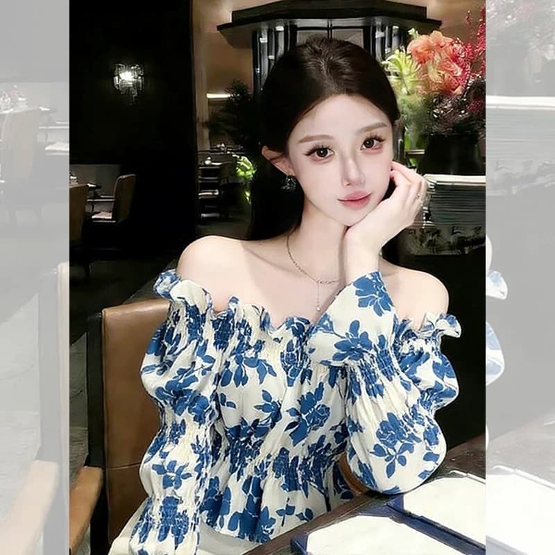 프랑스식 Chic 오프숄더 맨위 여성 봄 드레스 새로운 꽃무늬 셔츠 chic 오프숄더 긴팔 달콤함 셔츠