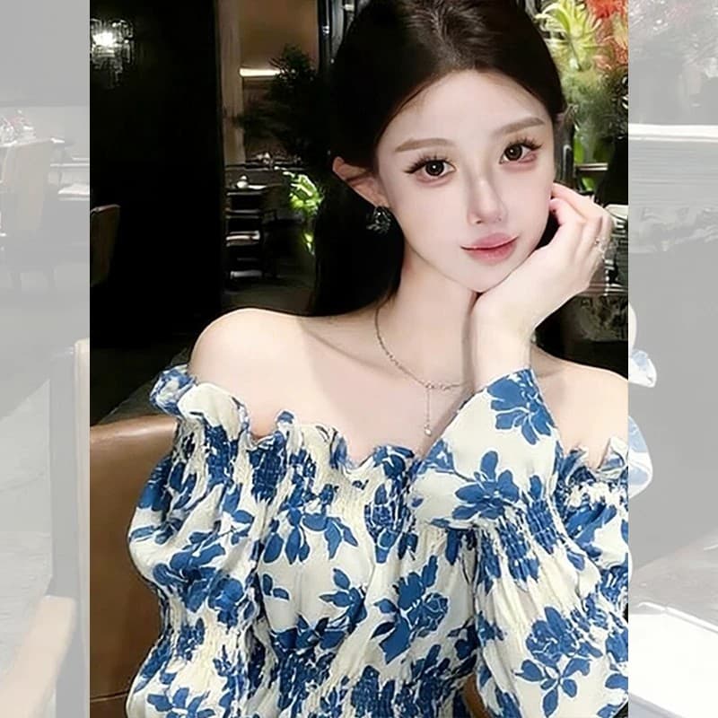 프랑스식 Chic 오프숄더 맨위 여성 봄 드레스 새로운 꽃무늬 셔츠 chic 오프숄더 긴팔 달콤함 셔츠 이미지 3